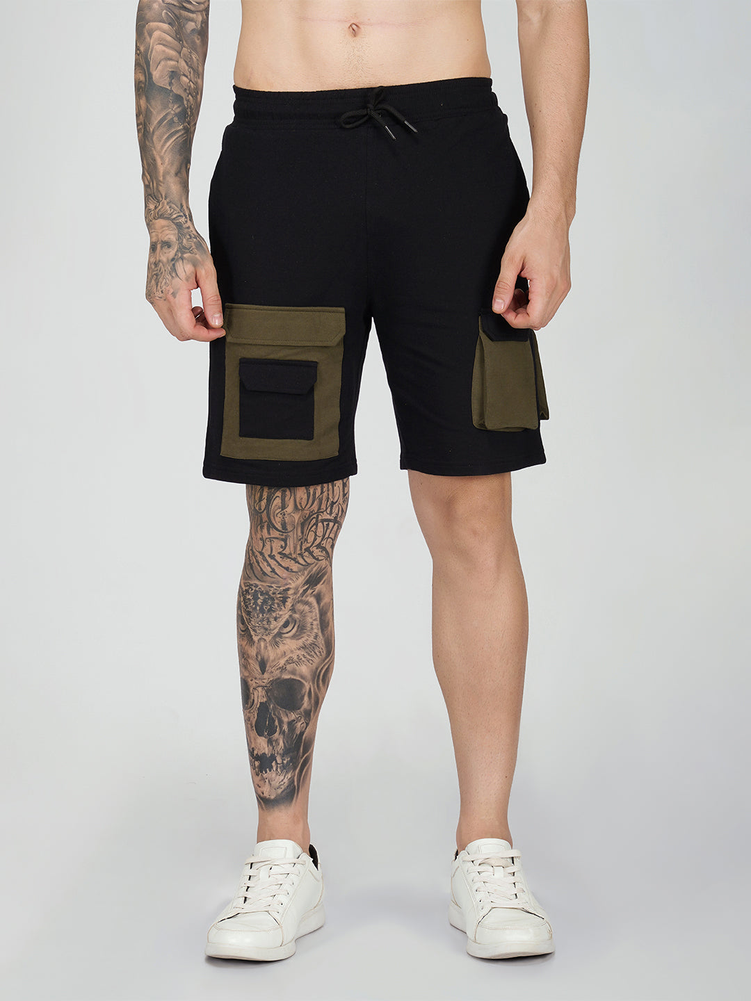 Black with Olive Pocket Plain Shorts
