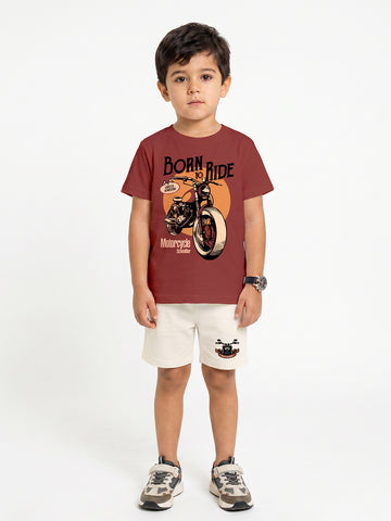 Kids - Born to Ride Maroon Top & Off White Bottom Set