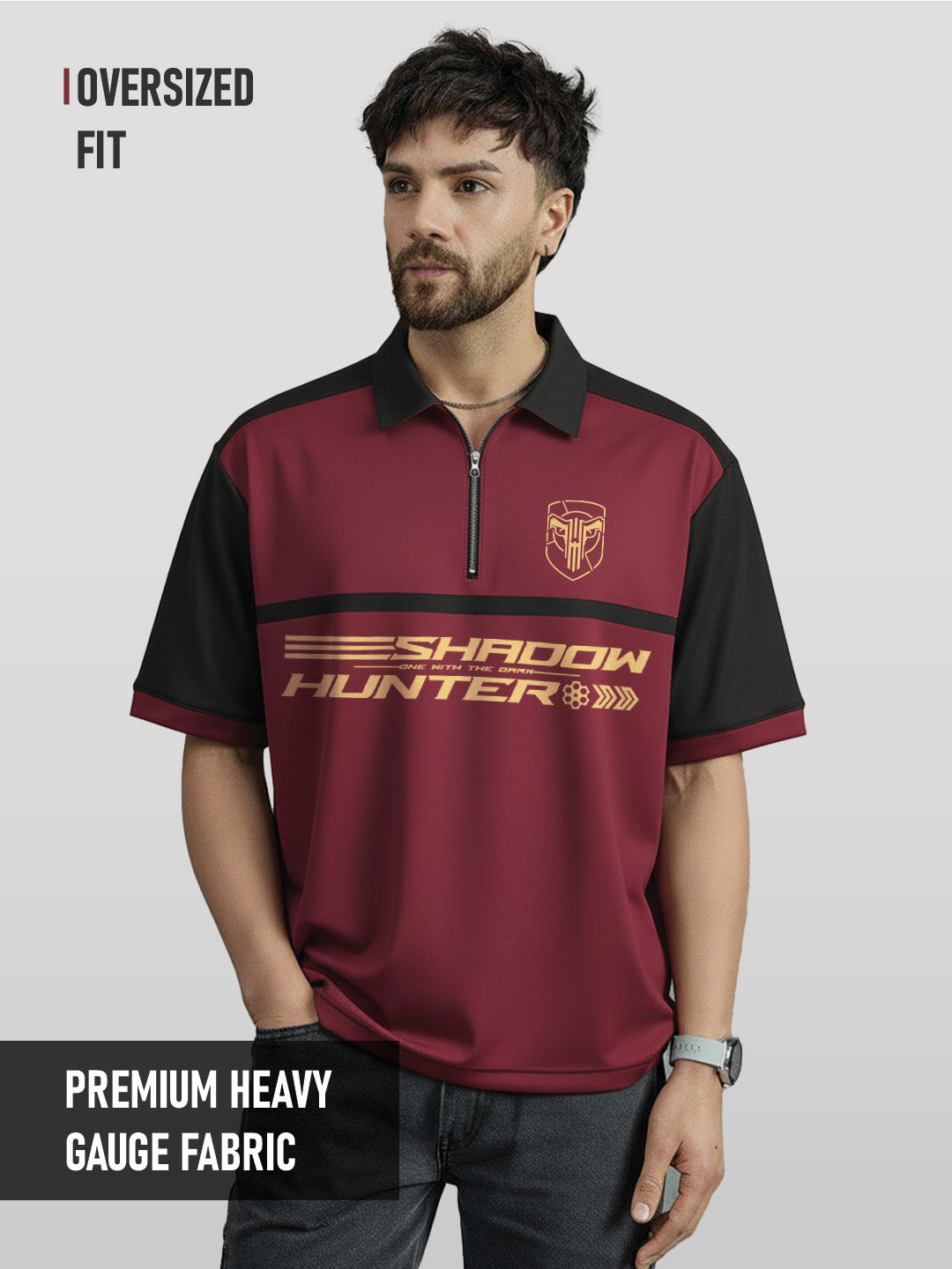 Polo - Shadow Hunter Oversized Polo T-Shirt - Maroon & Black