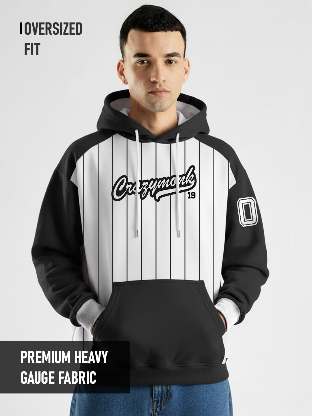 Crazymonk Base Ball Oversized Hoodie - Black & White