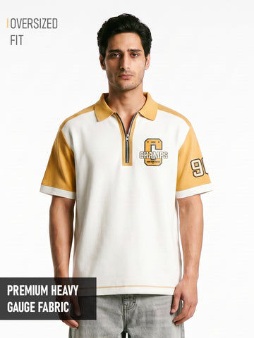 Crazy Champs Oversized Polo T-Shirt - Off White & Yellow
