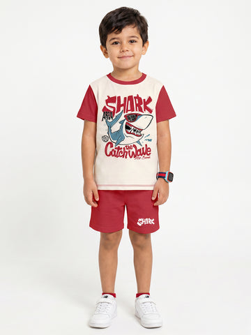 Kids - Catch the Wave Off White Red Top & Red Bottom Set