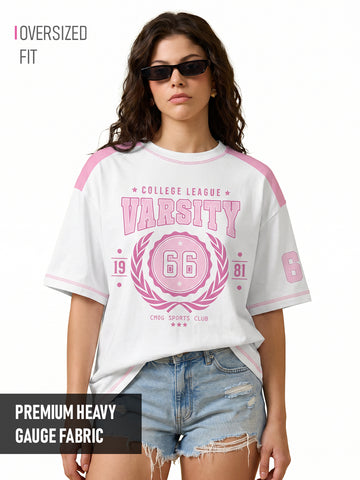 College League 66 Women Oversized T-Shirt - White & Pink