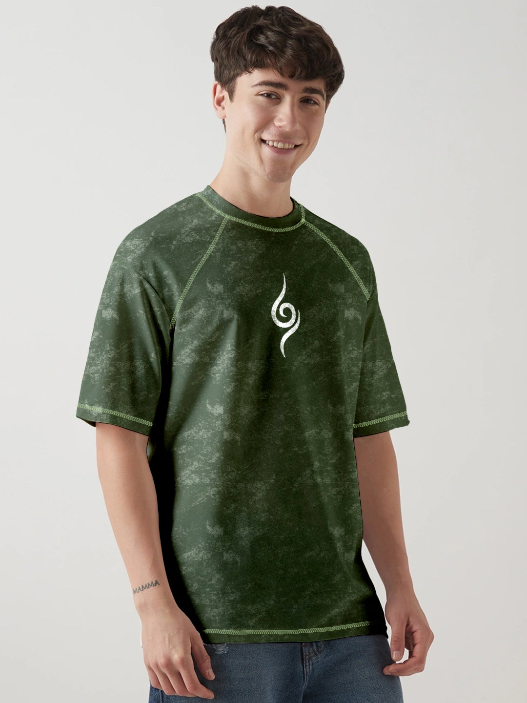 Copy Ninja Printed Anime Oversized T-Shirt - Olive Green