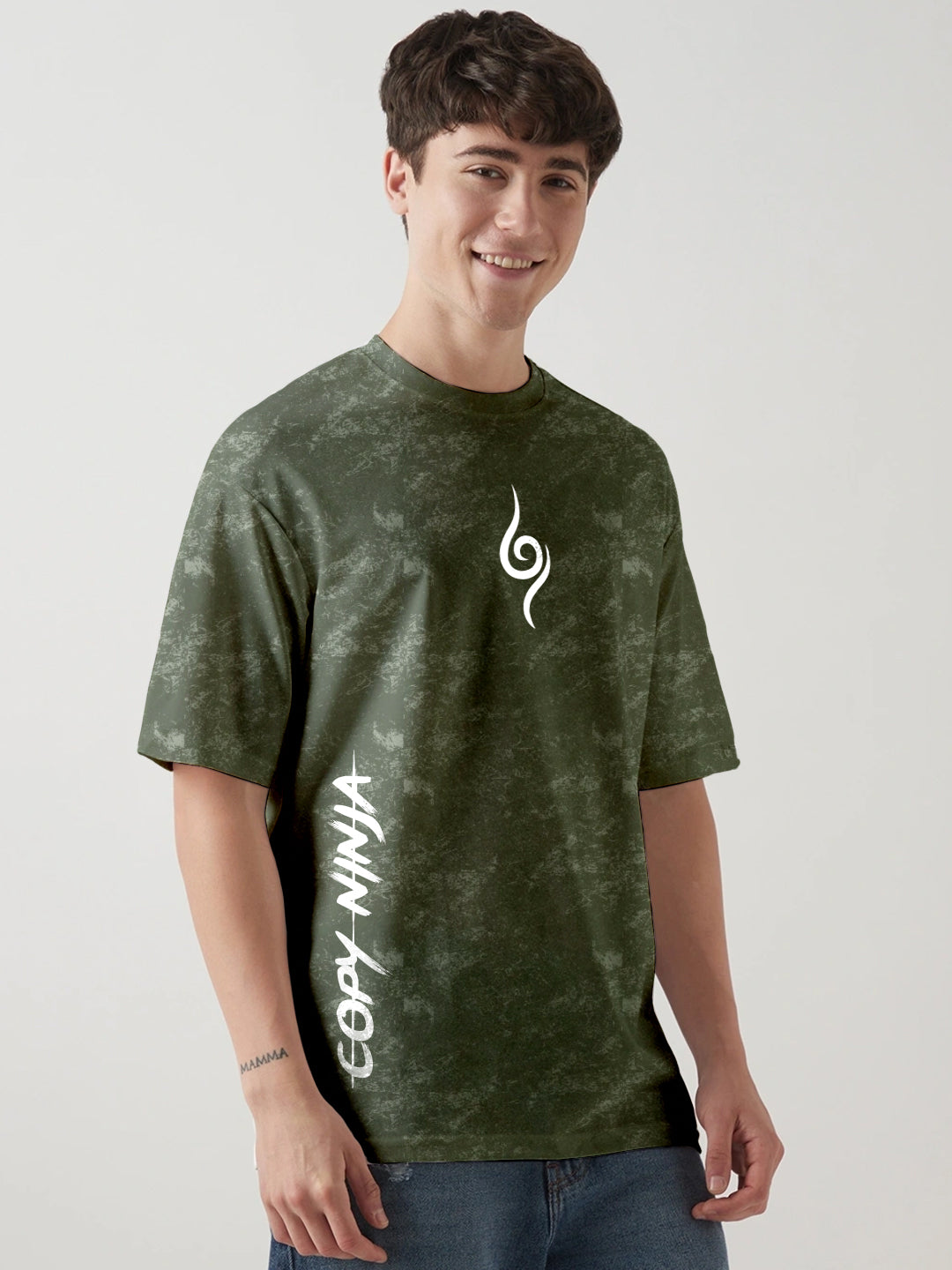 Copy Ninja Printed Anime Oversized T-Shirt - Olive Green