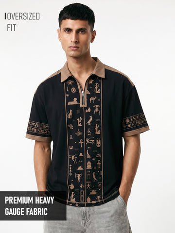 Desert Cipher Oversized Polo T-Shirt - Black & Hazzle Nut