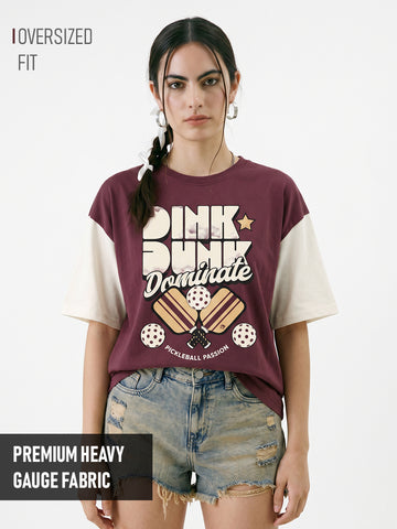 Dink Dunk & Dominate Women Oversized T-Shirt - Maroon & Off White