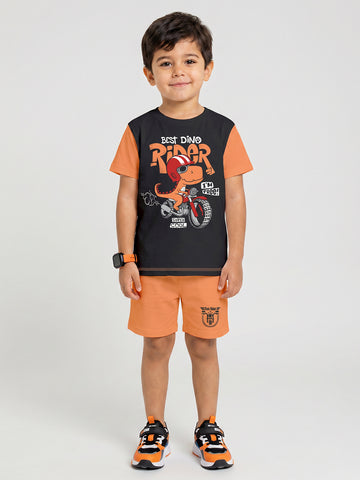 Kids - Dino Ride Black Orange Top & Black Bottom Set