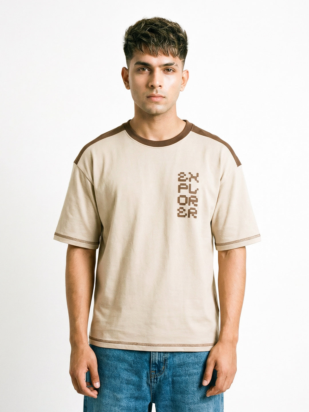 Cosmic Explorer Oversized T-Shirt - Beige & Brown
