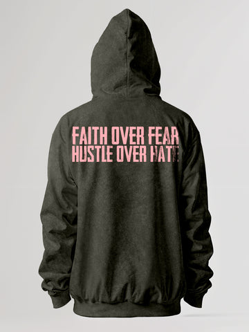 Faith Over Fear Hustle Over Hater Acid Wash Oversized Hoodie - Olive Green