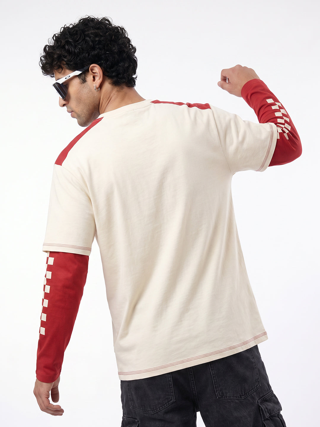 Fast Lane Full Sleeve Oversized T-Shirt - Off White & Red