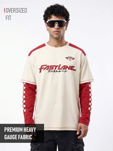 Fast Lane Full Sleeve Oversized T-Shirt - Off White & Red