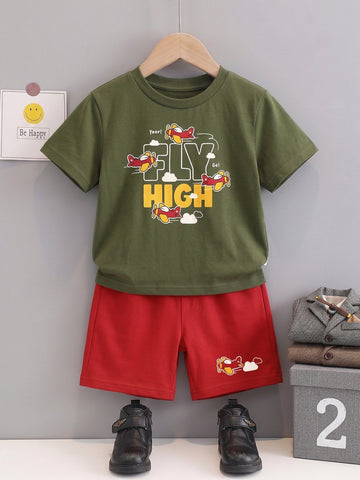Kids - Fly High Olive Green Top & Red Bottom Set