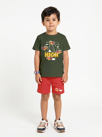 Kids - Fly High Olive Green Top & Red Bottom Set