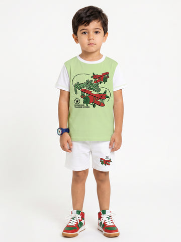 Kids - Flying Club Pista Green White Top & White Bottom Set