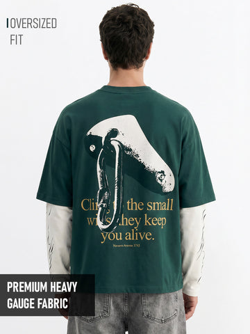 Forest Drift Oversized Full Sleeve T-Shirt - Bottle Green & Off White