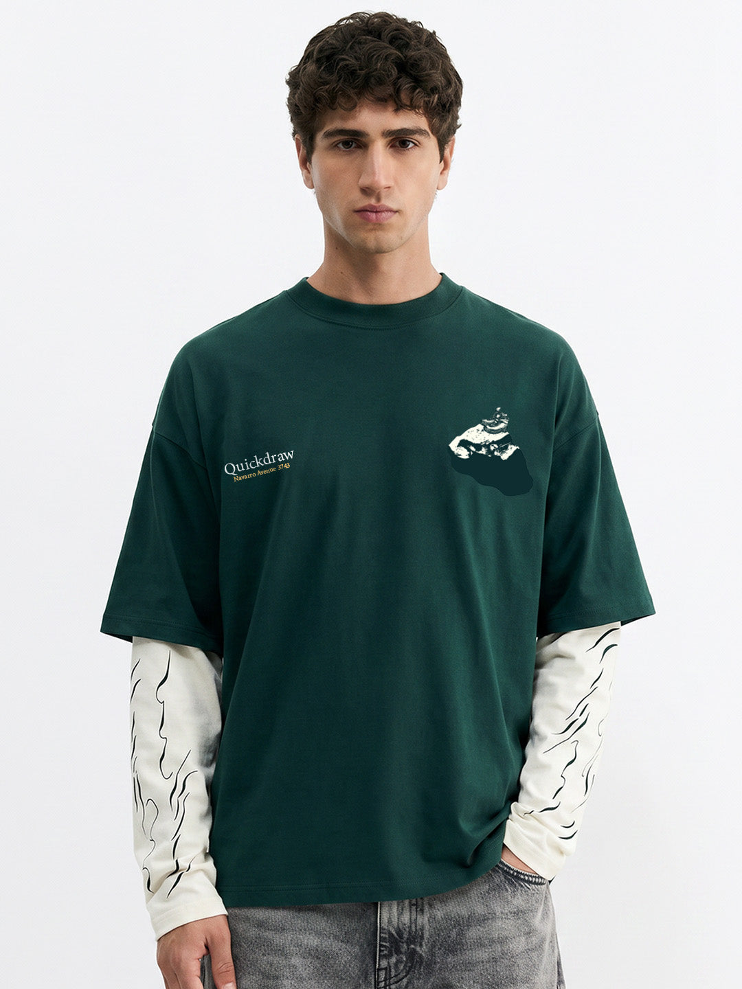 Forest Drift Oversized Full Sleeve T-Shirt - Bottle Green & Off White