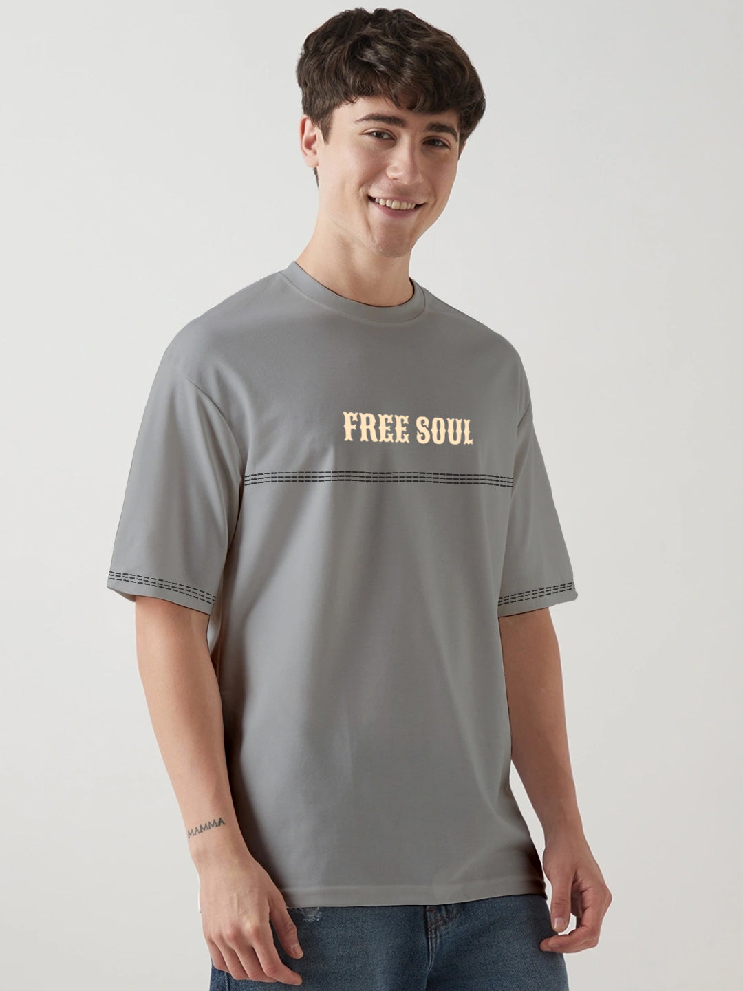 Free Soul Graphic Printed Oversized T-Shirt 5 Thread - Steel Grey