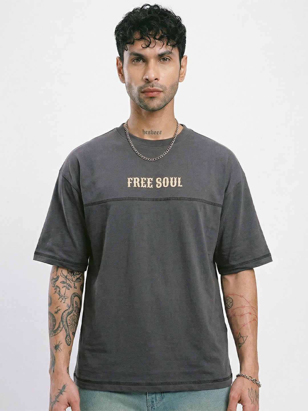 Free Soul Graphic Printed Oversized T-Shirt 5 Thread - Steel Grey