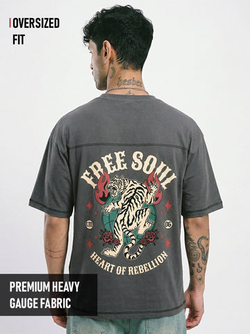 Free Soul Graphic Printed Oversized T-Shirt 5 Thread - Steel Grey