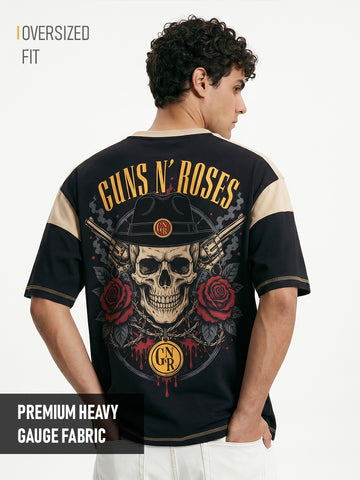 Gun and Roses Oversized T-Shirt - Black & Beige
