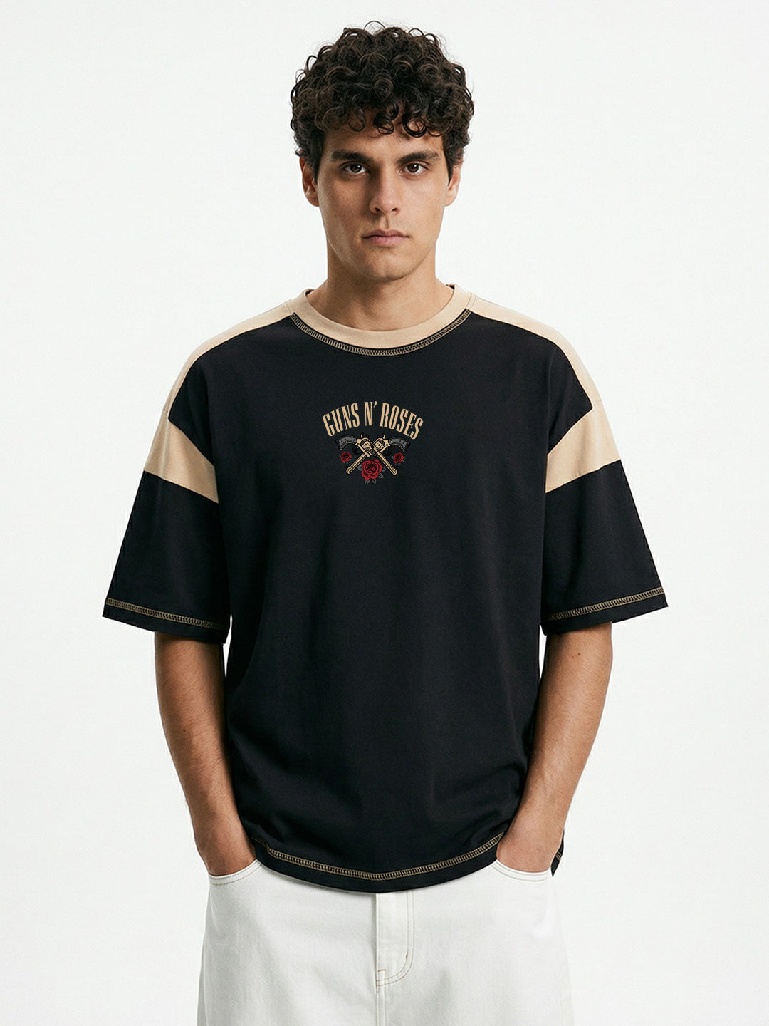 Gun and Roses Oversized T-Shirt - Black & Beige