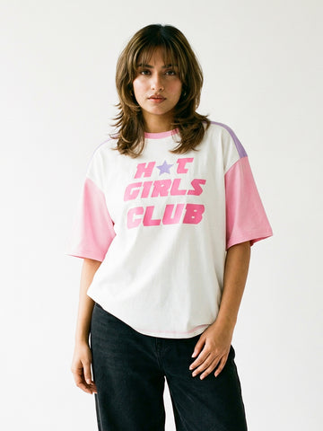Hot Girls Club Women Oversized T-Shirt - White/Lilac,  Rib-Pink