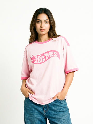 Hot Mess Women Oversized T-Shirt - Pink - Sleeve Stripes