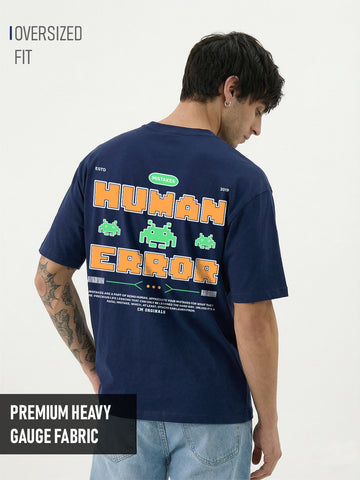 Human Error Graphic Printed Oversized T-Shirt - Navy Blue