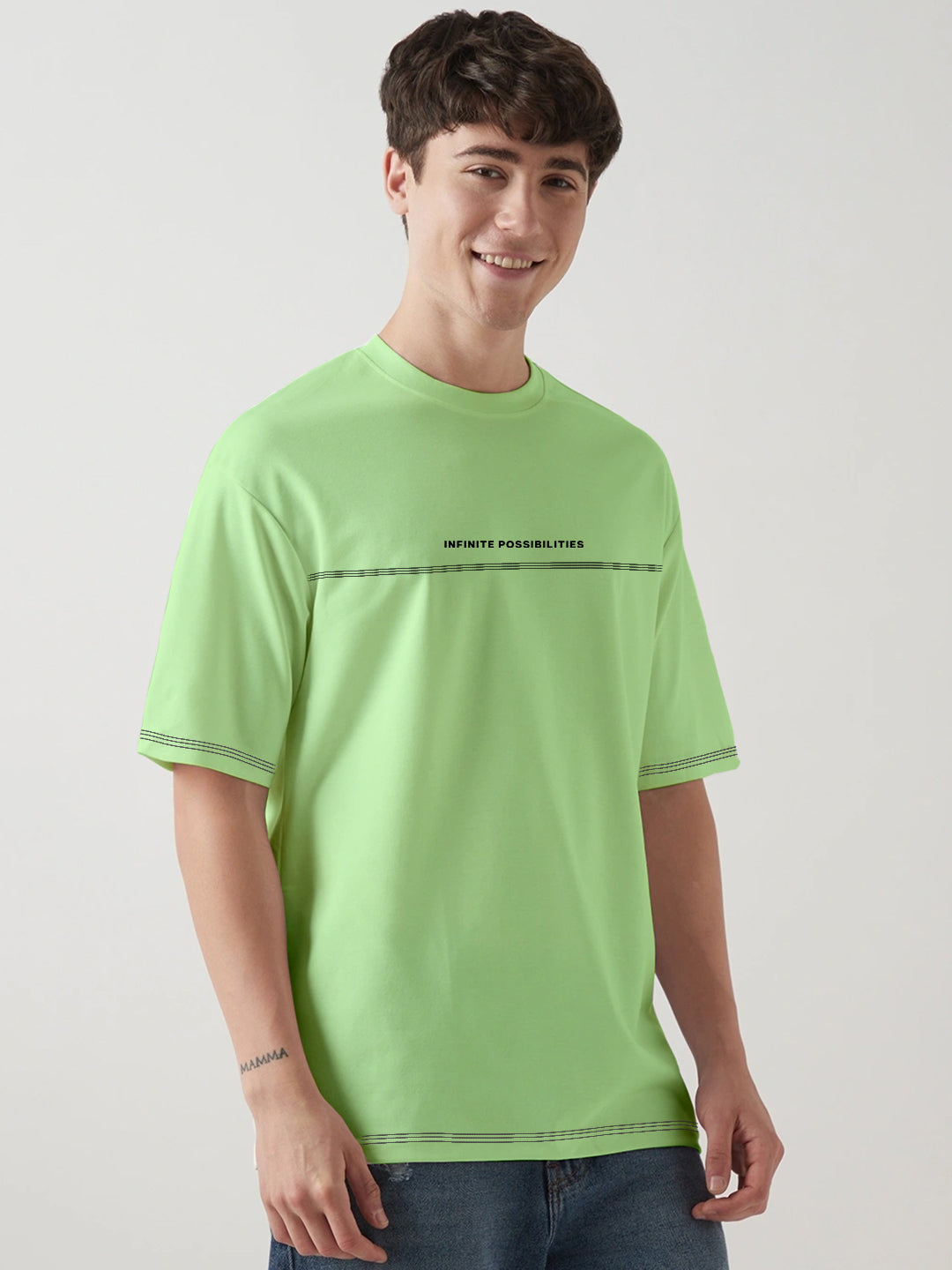 Infinite Possibility Contrast Thread Graphic Printed  Oversized T-Shirt - Pista Green