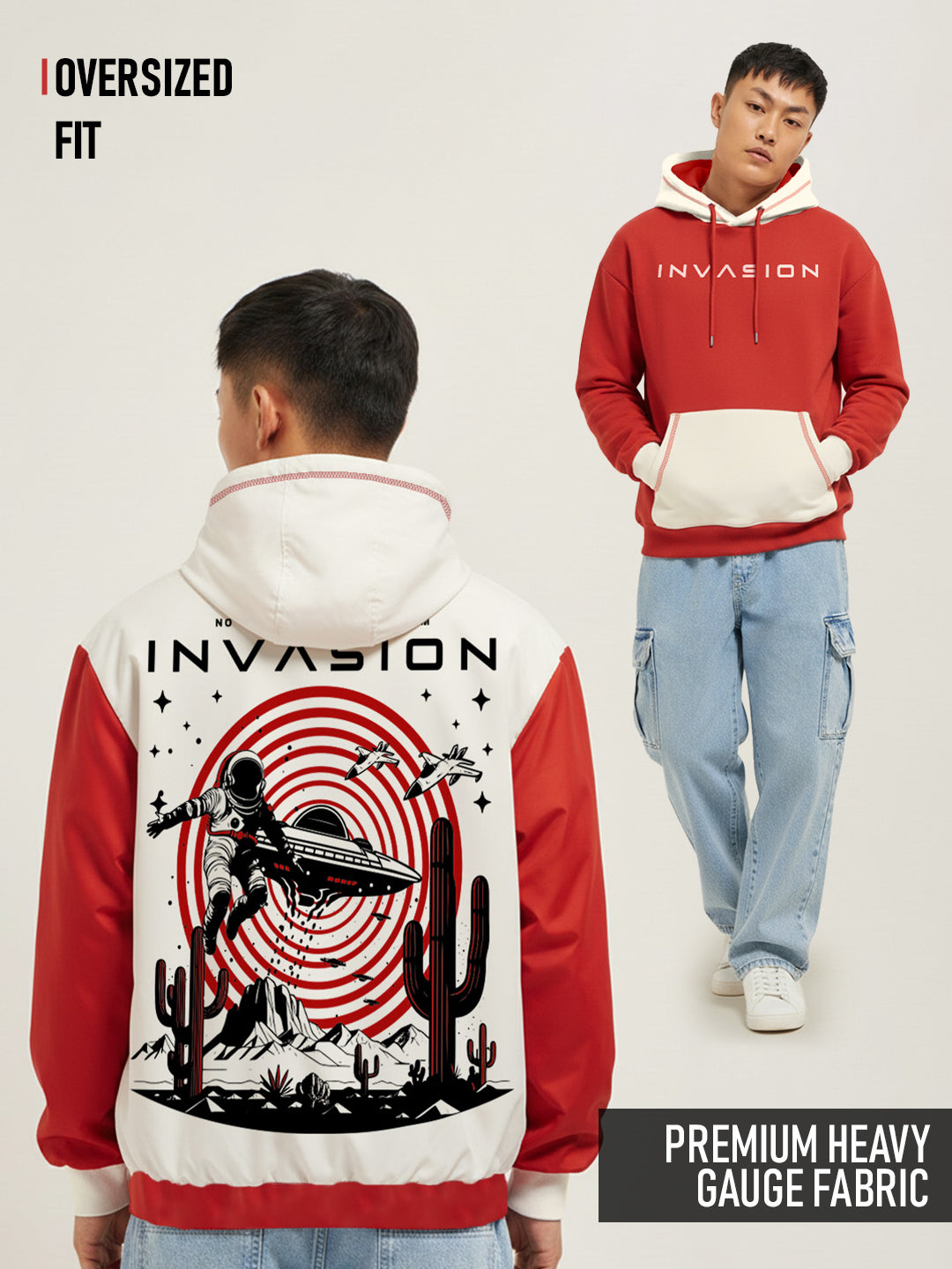 Invasion Oversized Hoodie - Red & Off White