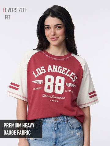 LA Athelectic Division Women Oversized T-Shirt - Red & Off White