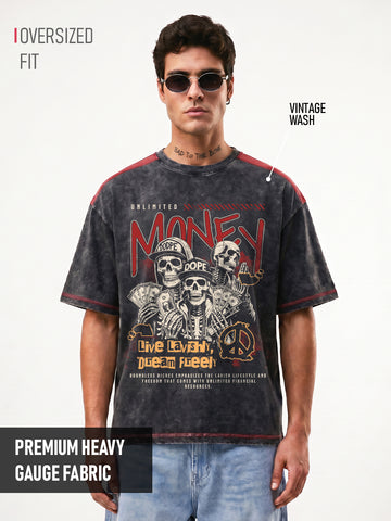 Lavish Dreams Acid Wash Oversized T-Shirt - Black & Red