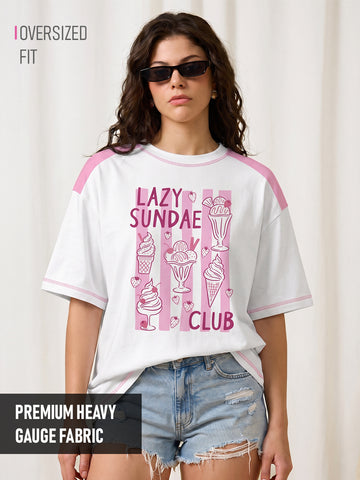 Lazy Sundae Club Women Oversized T-Shirt - White & Pink