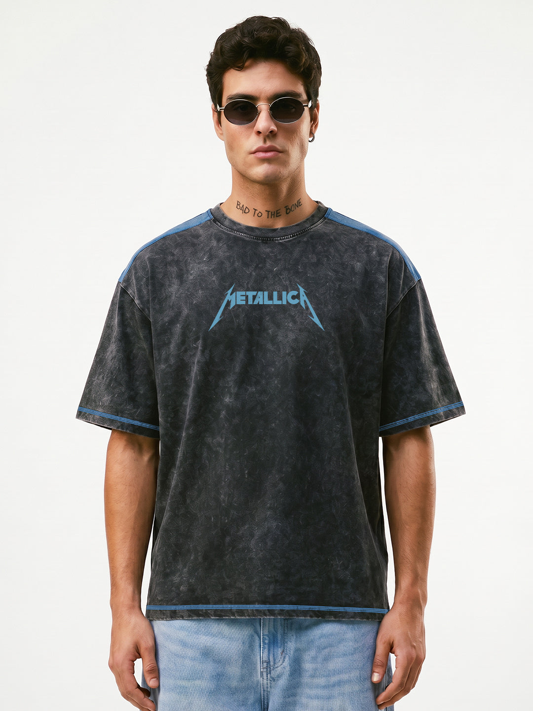 Legendary Metallica Acid wash Oversized T-Shirt - Black & Denim Blue
