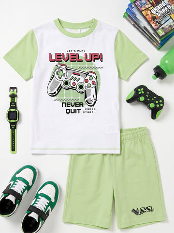 Kids - Level Up White Pista Green Top & Pista Green Bottom Set