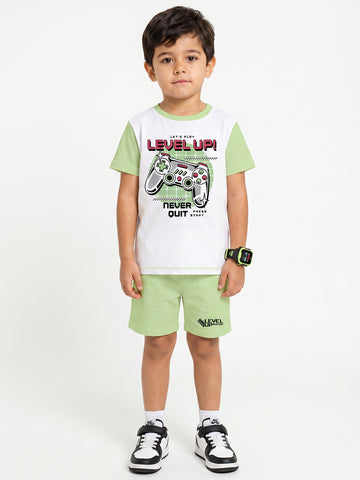 Kids - Level Up White Pista Green Top & Pista Green Bottom Set