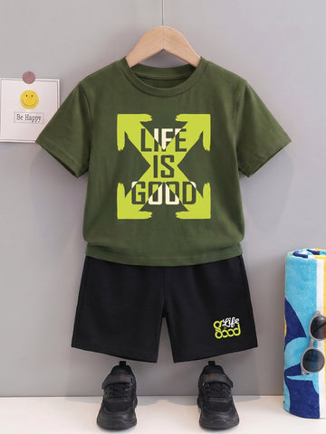 Kids - Life is Good Olive Green Top & Black Bottom Set