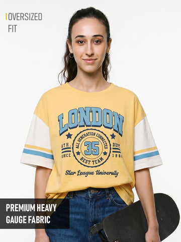 London Star League Women Oversized T-Shirt - Yellow & Off White