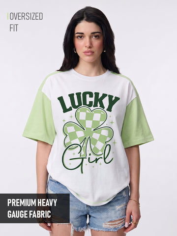 Lucky Girl Women Oversized T-Shirt - White & Pista Green