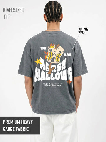Marshmallows Acid Wash Graphic Printed Oversized T-Shirt - Steel Grey
