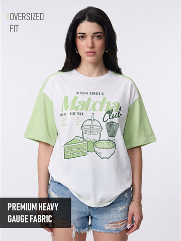 Matcha Club Women Oversized T-Shirt - White & Pista Green