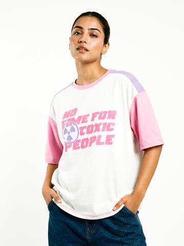 No Time For Toxic People Women Oversized T-Shirt - White/Lilac,  Rib-Pink