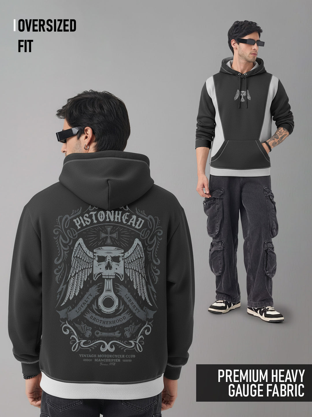 Piston Head Oversized Hoodie - Steel Grey & Black