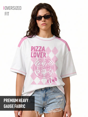 Pizza Lover Club Women Oversized T-Shirt - White & Pink
