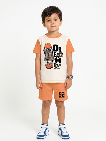 Kids - Play to Win Off White Orange Top & Orange Bottom Set
