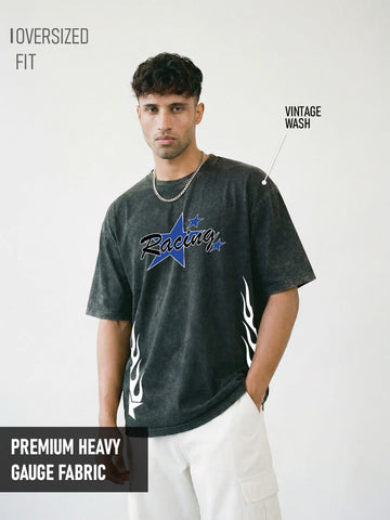 Racing Acid Wash Graphic Printed Oversized T-Shirt - Black