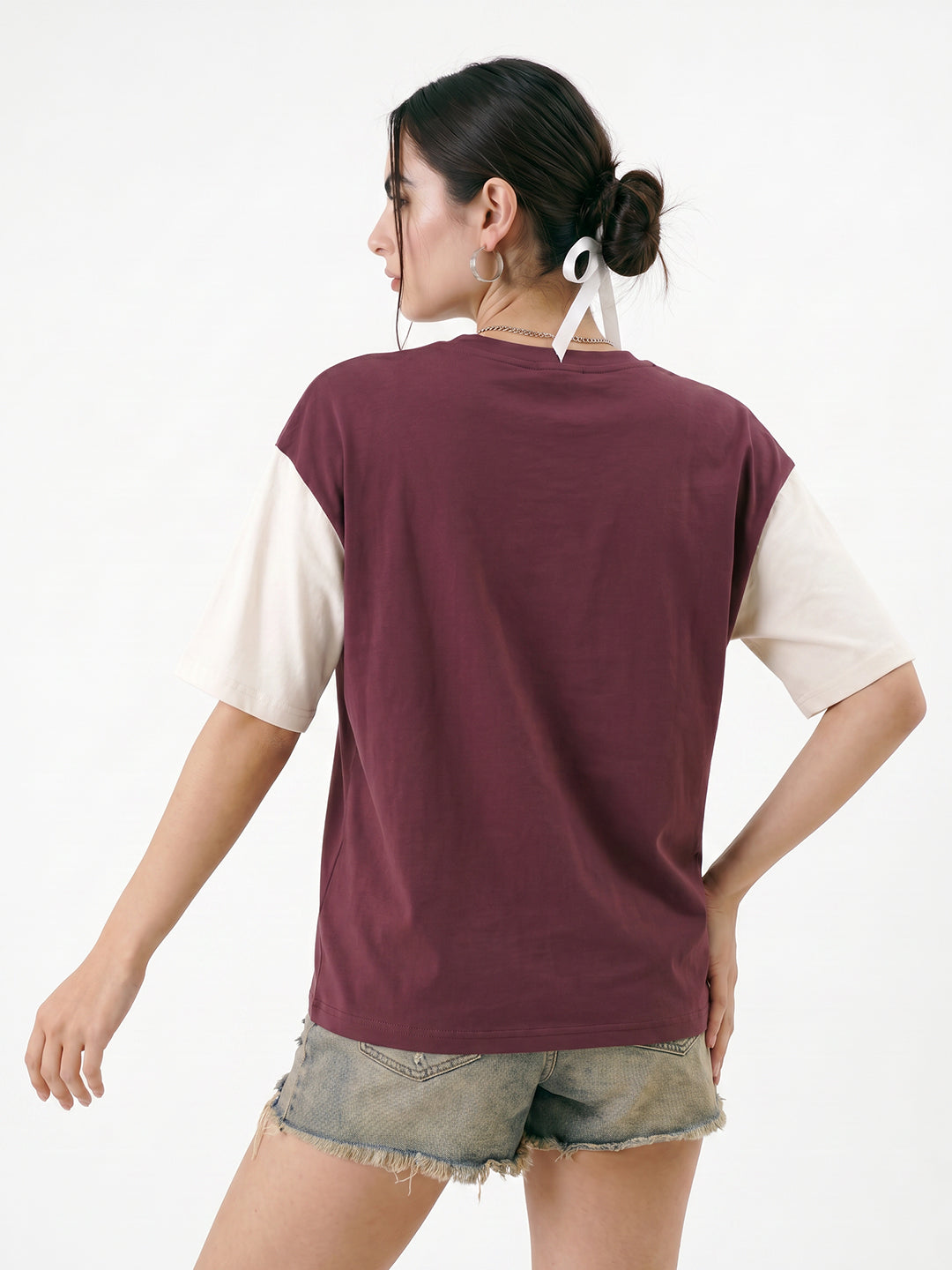 Ramen Time Women Oversized T-Shirt - Maroon & Off White