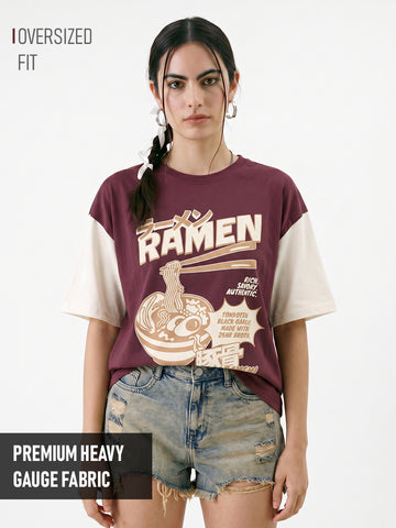 Ramen Time Women Oversized T-Shirt - Maroon & Off White