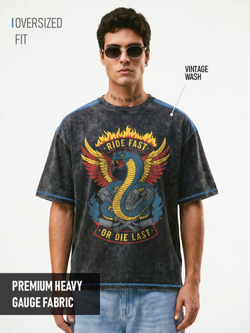 Riders Life Acid Wash Oversized T-Shirt - Black & Denim Blue